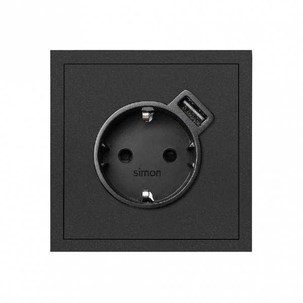 Simon 100 Черный матовый  Накладка розетки Schuko с з/у USB SmartCharge