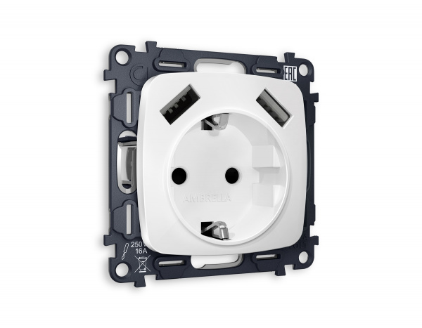 Комплект механизма электрической розетки OMEGA MO129010 Белый матовый 2USB A+A 18W быстрая зарядка с заземлением со шторками 2P+E 16A-250V QUANT