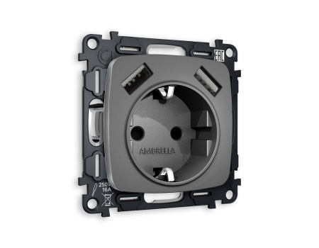 Комплект механизма электрической розетки OMEGA MO659010 Антрацит серый 2USB A+A 18W быстрая зарядка с заземлением и шторками 2P+E 16A-250V QUANT