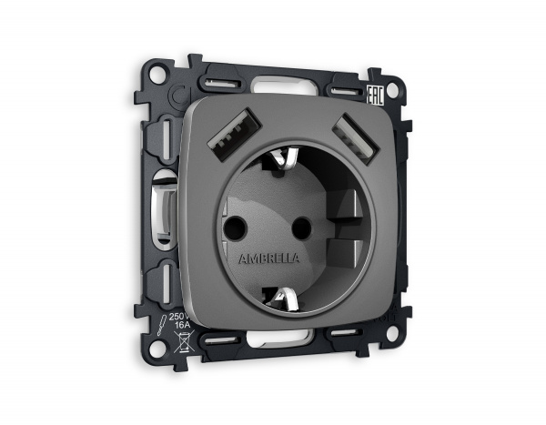 Комплект механизма электрической розетки OMEGA MO659010 Антрацит серый 2USB A+A 18W быстрая зарядка с заземлением и шторками 2P+E 16A-250V QUANT