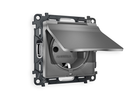 Комплект механизма электрической розетки ALFA MA658010 Антрацит серый  с заземлением с шторками и защитной крышкой 2P+E 16A-250V IP44 QUANT