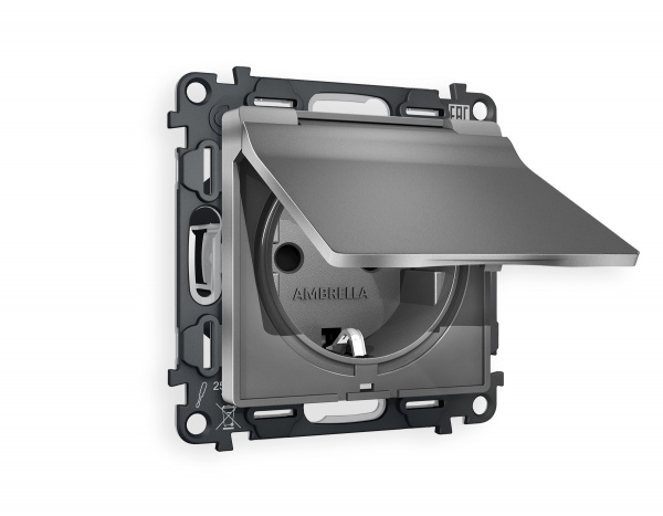 Комплект механизма электрической розетки ALFA MA658010 Антрацит серый  с заземлением с шторками и защитной крышкой 2P+E 16A-250V IP44 QUANT