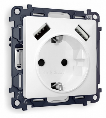 Комплект механизма электрической розетки ALFA MA109010 Белый глянец 2USB A+A 18W быстрая зарядка с заземлением и шторками 2P+E 16A-250V QUANT