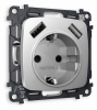 Комплект механизма электрической розетки OMEGA MO409010 Серебро глянец 2USB A+A 18W быстрая зарядка с заземлением и шторками 2P+E 16A-250V QUANT