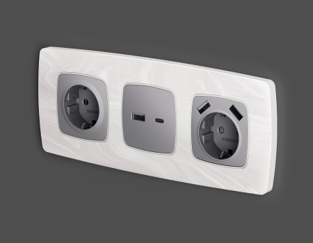 Лицевая панель OMEGA (Сталь матовый) для электрической розетки с заземлением со шторками 2USB A+A QUANT OP5090