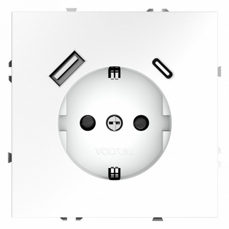 Розетка встраиваемая VOLTUM S70 с заземлением и защитными шторками, 16А, с USB, A+С, (белый матовый)