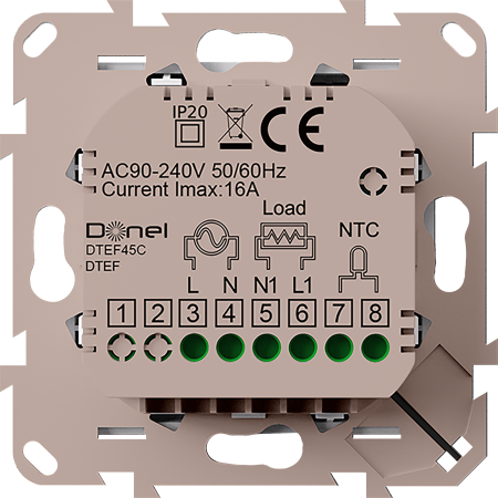 Donel Термостат с датчиком пола и воздуха, 16 A, 45*45 мм., стекло кашемир, серия DTEF