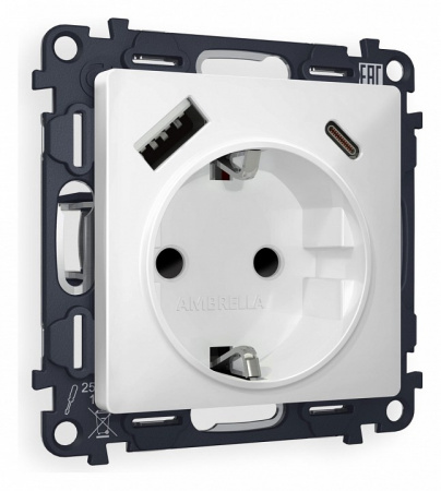 Комплект механизма электрической розетки ALFA MA130010 Белый матовый 2USB A+C 20W быстрая зарядка с заземлением со шторками 2P+E 16A-250V QUANT