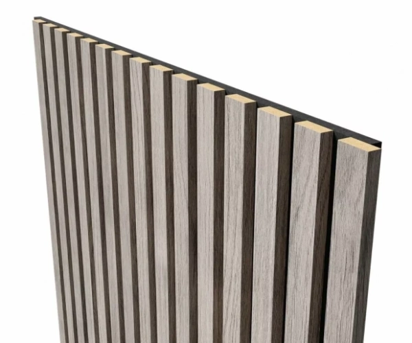 Акустическая панель, черный войлок, 2750х600х19мм, рейки МДФ дуб старинный светло-серый Акустическая панель, черный войлок, 2750х600х19мм, рейки МДФ дуб старинный светло-серый