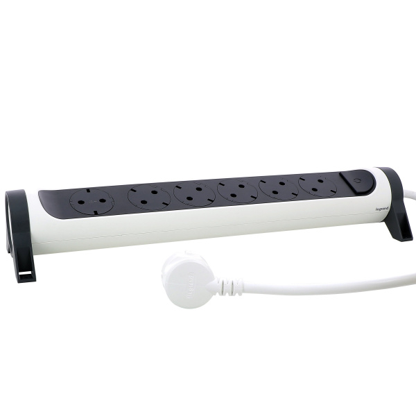 Legrand Revolution Комфорт Бело-черный Удлинитель 6x2К+З с выкл., кабель 3м, плоские розетки, фиксируемый поворотный блок