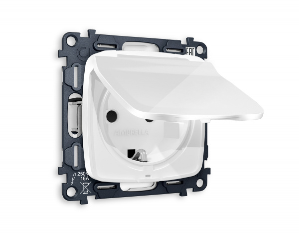 Комплект механизма электрической розетки OMEGA MO108010 Белый глянец с заземлением с шторками и защитной крышкой 2P+E 16A-250V IP44 QUANT