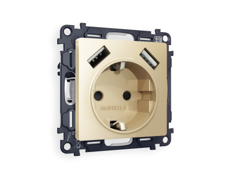 Комплект механизма электрической розетки ALFA MA609010 Шампань 2USB A+A 18W быстрая зарядка с заземлением и шторками 2P+E 16A-250V QUANT