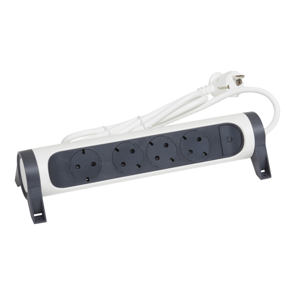 Legrand Revolution Комфорт Бело-черный Удлинитель 4x2К+З с выкл., кабель 1,5м, плоские розетки, фиксируемый поворотный блок