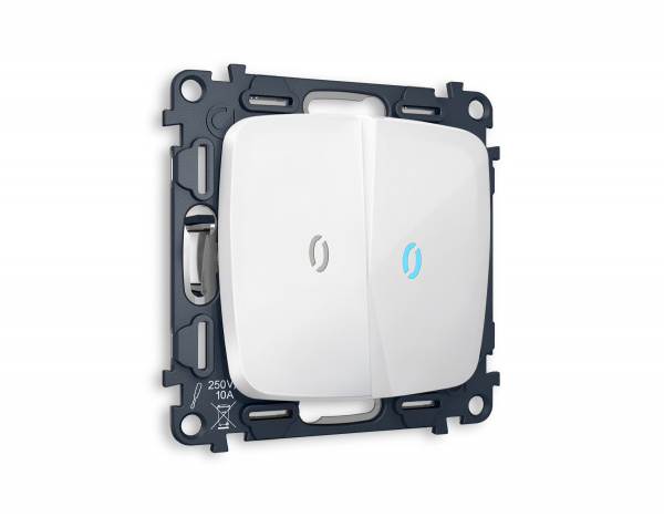 Комплект механизма 2-клавишного проходного выключателя с подсветкой 10000K OMEGA MO104040 Белый глянец QUANT