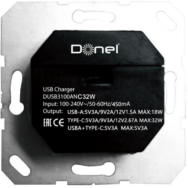 Donel USB зарядное устройство, 3.1A тип A:max 18W, тип С:max 32W, черный, серия DUSB, DUSB3100ANCF