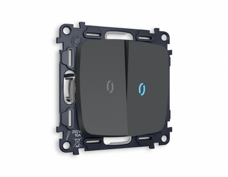 Комплект механизма 2-клавишного проходного выключателя с подсветкой 10000K OMEGA MO904040 Графит мягкое касание QUANT