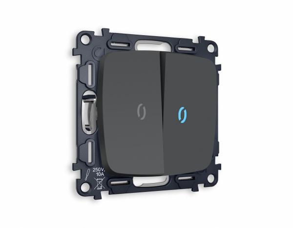 Комплект механизма 2-клавишного проходного выключателя с подсветкой 10000K OMEGA MO904040 Графит мягкое касание QUANT