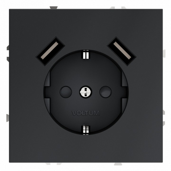 Розетка встраиваемая VOLTUM S70 с заземлением и защитными шторками, 16А, с USB, A+A, (графит) Розетка встраиваемая VOLTUM S70 с заземлением и защитными шторками, 16А, с USB, A+A, (графит)