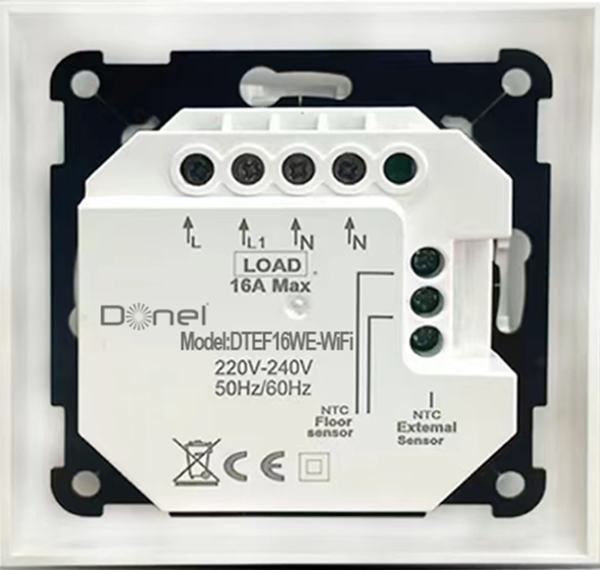 Donel Термостат с датчиком пола, с недельным программированием, с Wi-Fi , 16 A, 55*55 мм., белое стекло, серия DTEF