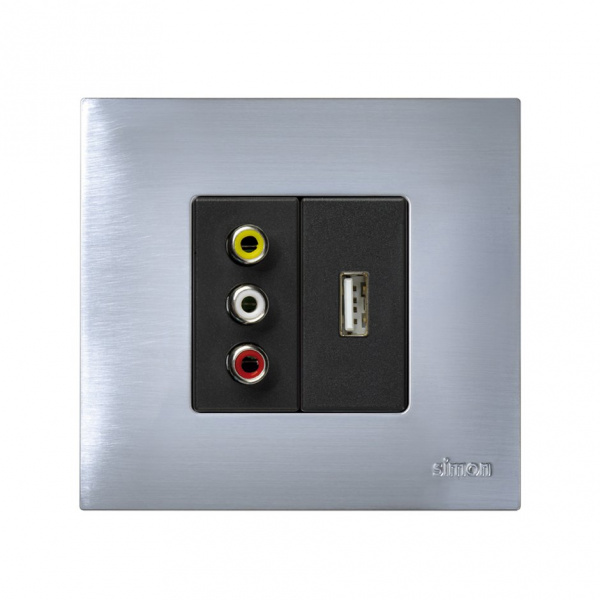 Simon 27 Мех Графит Разъём аудио-видео RCA, 3 выхода, узкий, винты