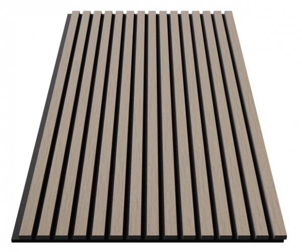 Акустическая панель, черный войлок, 1200х600х21мм, рейки МДФ, шпон дуб латте бежевый Акустическая панель, черный войлок, 1200х600х21мм, рейки МДФ, шпон дуб латте бежевый