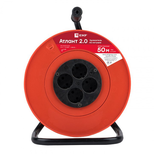 EKF PROxima Удлинитель на катушке "Атлант 2.0" 4 гнезда 50м без заземления ПВС 2*0,75 6А/1,3кВт