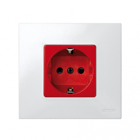 Simon 27 Мех Красная Розетка 2P+E Schuko со шторками, безвинтовой зажим, 16А 250В