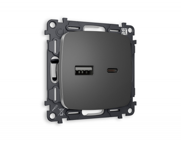 Комплект механизма розетки OMEGA MO661010 Антрацит серый 2USB A+C 20W быстрая зарядка QUANT