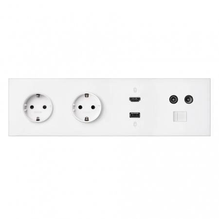 Simon 100 Белый матовый  Кит 4 поста, фронт. Накладка на 2 розетки Schuko + 1 розетку TV+SAT + 1 розетку RJ45 + 1 розетку HDMI + 1 розетку USB