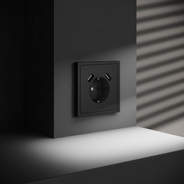 Розетка встраиваемая VOLTUM S70 с заземлением и защитными шторками, 16А, с USB, A+A, (черный матовый Розетка встраиваемая VOLTUM S70 с заземлением и защитными шторками, 16А, с USB, A+A, (черный матовый
