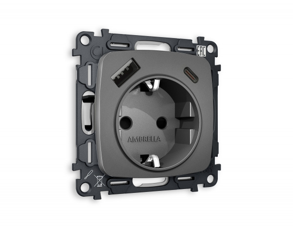 Комплект механизма электрической розетки OMEGA MO660010 Антрацит серый 2USB A+C 20W быстрая зарядка с заземлением и шторками 2P+E 16A-250V QUANT