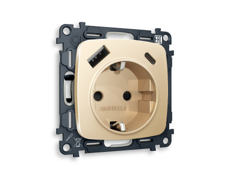 Комплект механизма электрической розетки OMEGA MO610010 Шампань 2USB A+C 20W быстрая зарядка с заземлением и шторками 2P+E 16A-250V QUANT