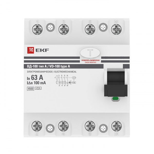EKF PROxima ВД-100  УЗО 4P 63А/100мА (A) электромеханическое