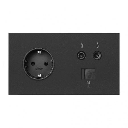 Simon 100 Черный матовый  Кит 2 поста, фронт. Накладка на 1 розетку Schuko + 1 розетку TV + 1 розетку RJ45