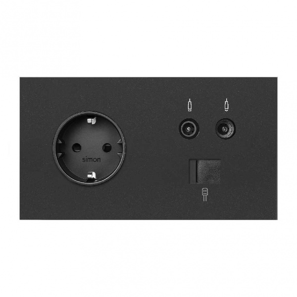 Simon 100 Черный матовый  Кит 2 поста, фронт. Накладка на 1 розетку Schuko + 1 розетку TV + 1 розетку RJ45