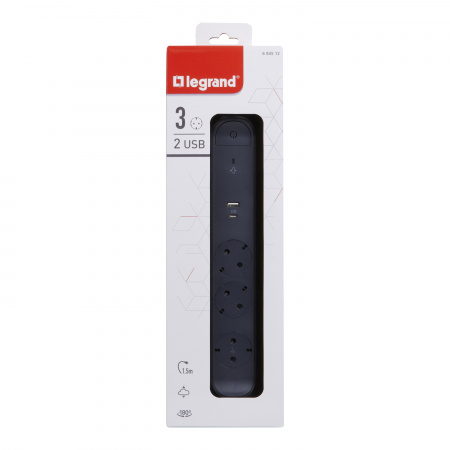 Legrand Удлинитель с поворотным основанием и 2xUSB A+C (3А) зарядками, защитой от импульсных перенапряжений серии "Комфорт" 3 x 2К+З с кабелем 1,5 м.,