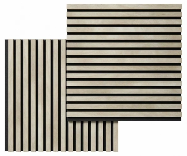 Акустическая панель, черный войлок, 600х600х19мм, рейки МДФ ясень кристалл Акустическая панель, черный войлок, 600х600х19мм, рейки МДФ ясень кристалл