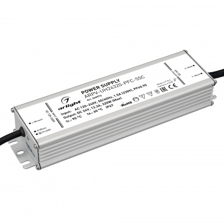 Arlight Блок питания ARPV-UH24320-PFC-55C (24V, 13.3A, 320W) (IP67 Металл, 5 лет)