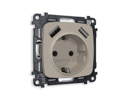 Комплект механизма электрической розетки OMEGA MO369010 Серо-бежевый матовый 2USB A+A18W быстрая зарядка с заземлением с шторками 2P+E 16A-250V QUANT