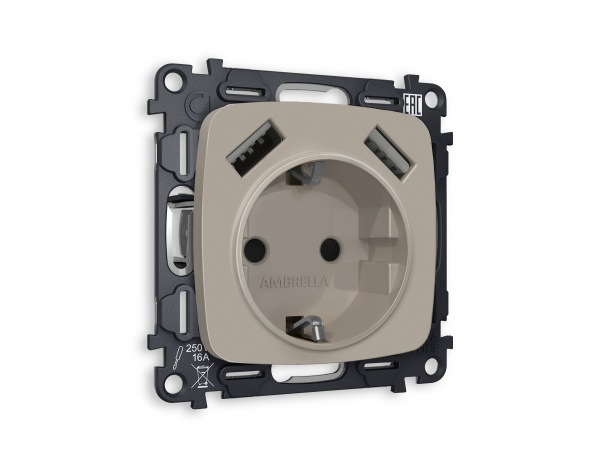 Комплект механизма электрической розетки OMEGA MO369010 Серо-бежевый матовый 2USB A+A18W быстрая зарядка с заземлением с шторками 2P+E 16A-250V QUANT