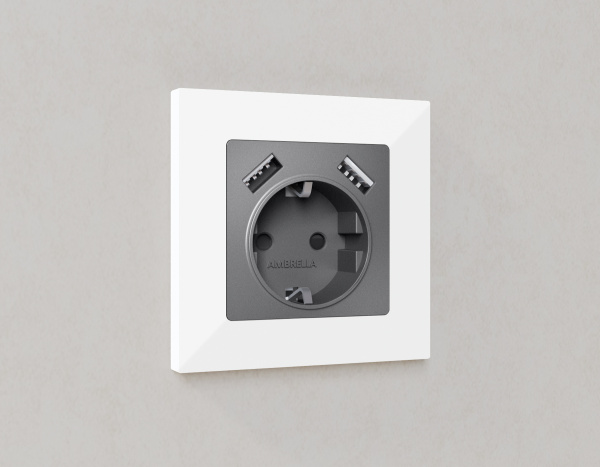 Лицевая панель ALFA (Антрацит серый) для электрической розетки с заземлением со шторками 2USB A+A QUANT AP6590