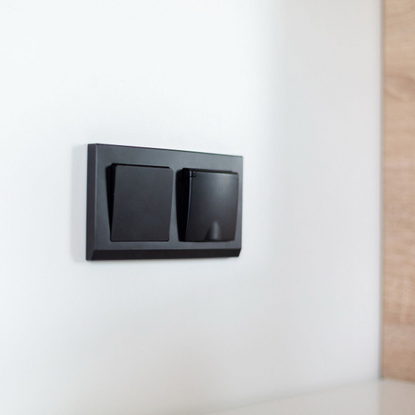 Розетка влагозащ. с зазем. с защит. крышкой и шторками (черный матовый)