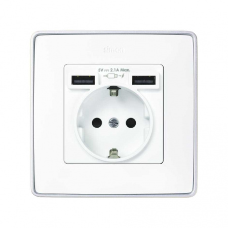 Simon 82 Накладка для розетки Schuko с зарядным устройством 2хUSB белого цвета