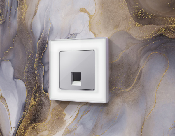 Лицевая панель ALFA (Серебро глянец) для компьютерной/телефонной розетки RJ-45/RJ-11 QUANT AP4120