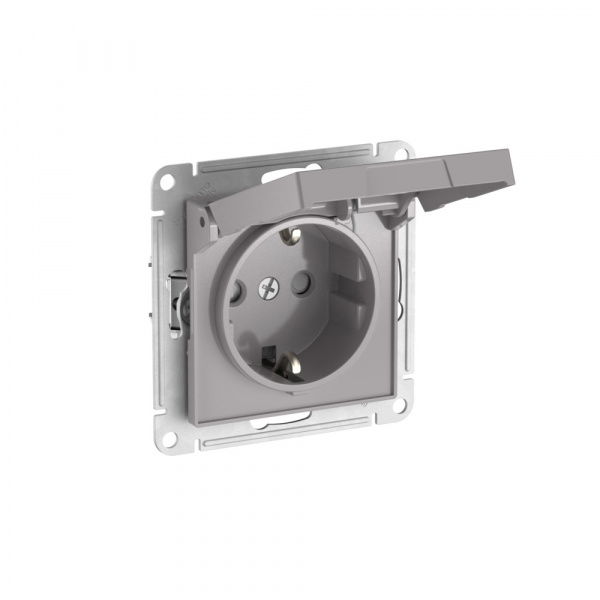 Systeme Electric AtlasDesign Алюминий Розетка с заземл. со шторк. с крышкой, 16А,IP20, мех., быстрозажим. клем.