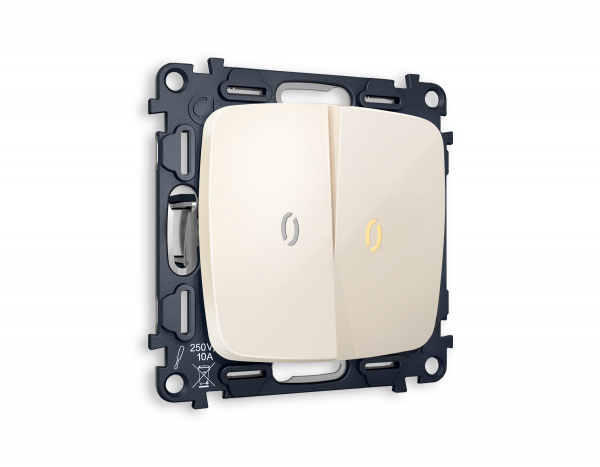 Комплект механизма 2-клавишного проходного выключателя с подсветкой 3200K OMEGA MO304030 Бежевый глянец QUANT