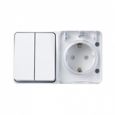 SE AtlasDesign Profi54 Наруж Белый Блок: Розетка с/з со шт. + выключатель 2-клавишный 10А IP54