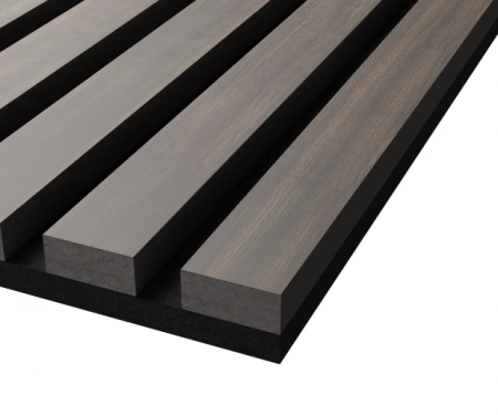 Акустическая панель, черный войлок, 600х600х21мм, рейки МДФ, шпон дуб маррон коричневый