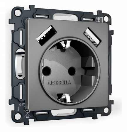 Комплект механизма электрической розетки ALFA MA659010 Антрацит серый 2USB A+A 18W быстрая зарядка с заземлением и шторками 2P+E 16A-250V QUANT