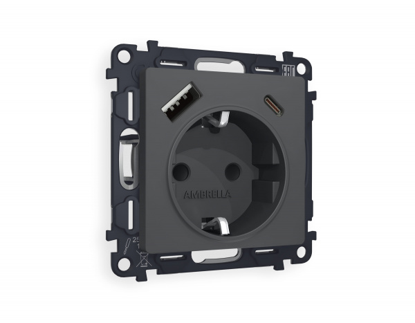 Комплект механизма электрической розетки ALFA MA910010 Графит мягкое касание 2USB A+C 20W быстрая зарядка с заземлением и шторками 2P+E 16A-250V QUANT